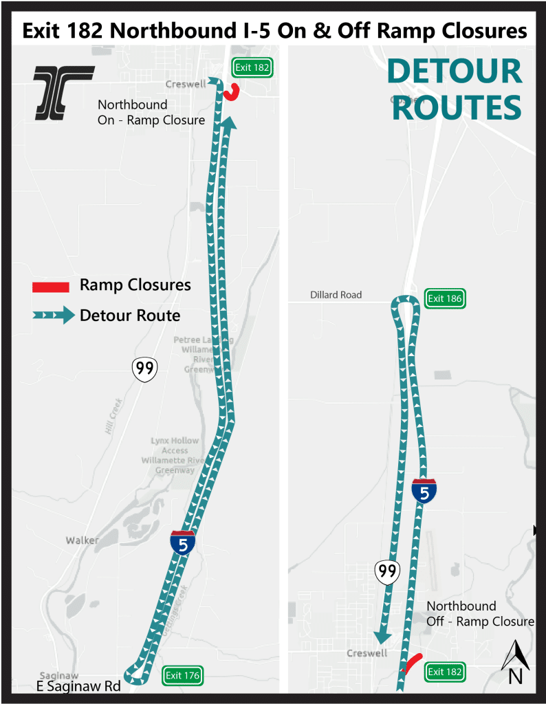 Oregon I-5 Exit 182 Northbound Detour Map | I-5 Exit Guide